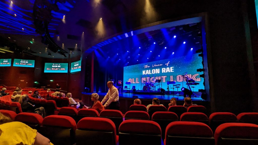 The stage set for a musical performance by Kalon Rae in the Headliners Theatre on P&O Iona.