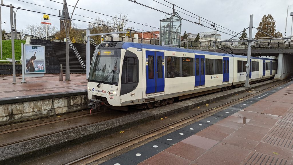 A Metro train heading from Den Haag Central into Rotterdam.