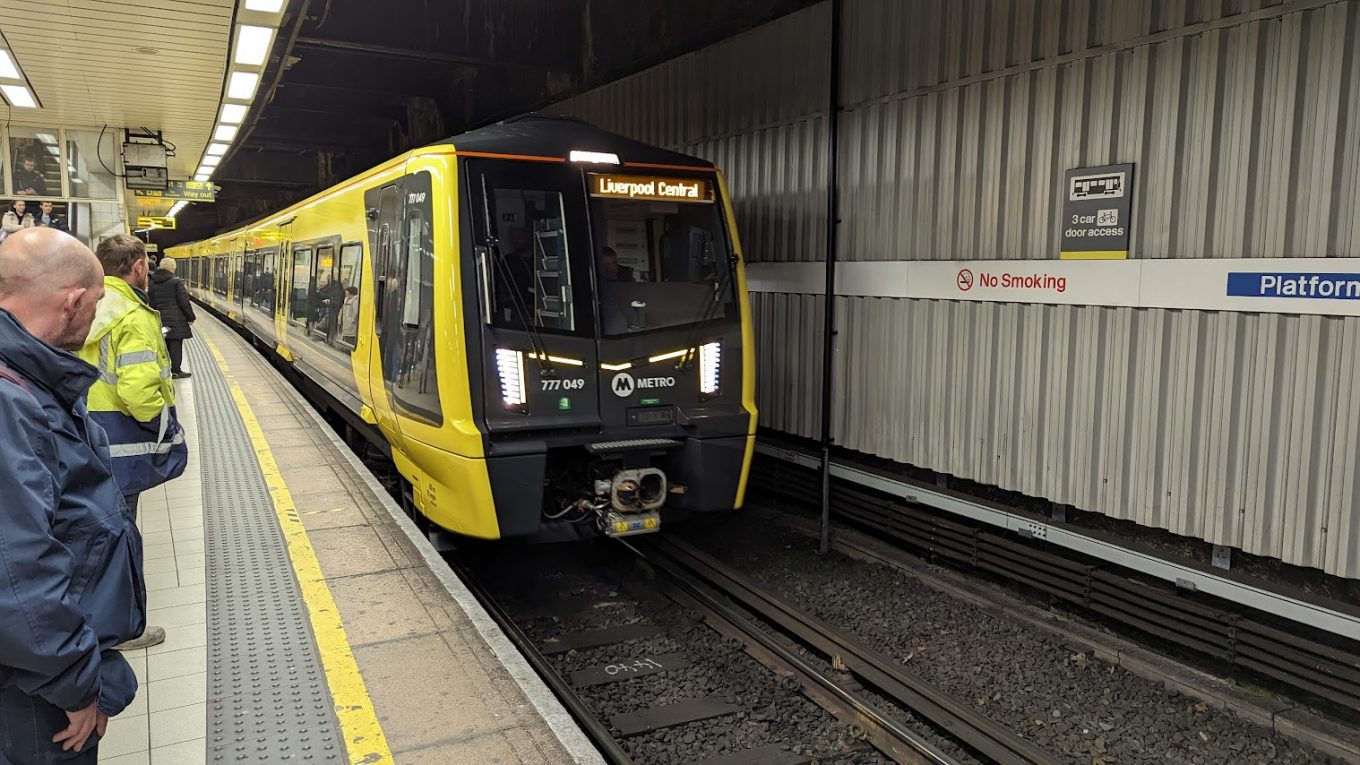 A Merseyrail class 777 train arriving at Liverpool Central station.