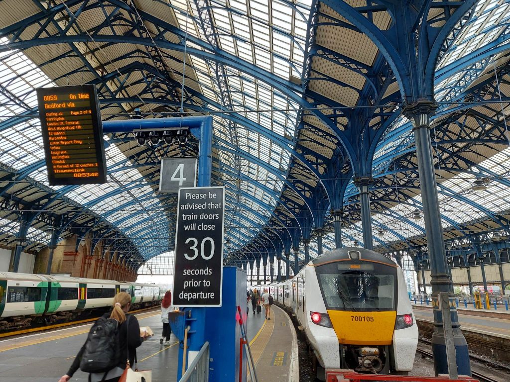 A view of platform 4 at Brighton station where a Thameslink class 700 is waiting to return to Bedford.